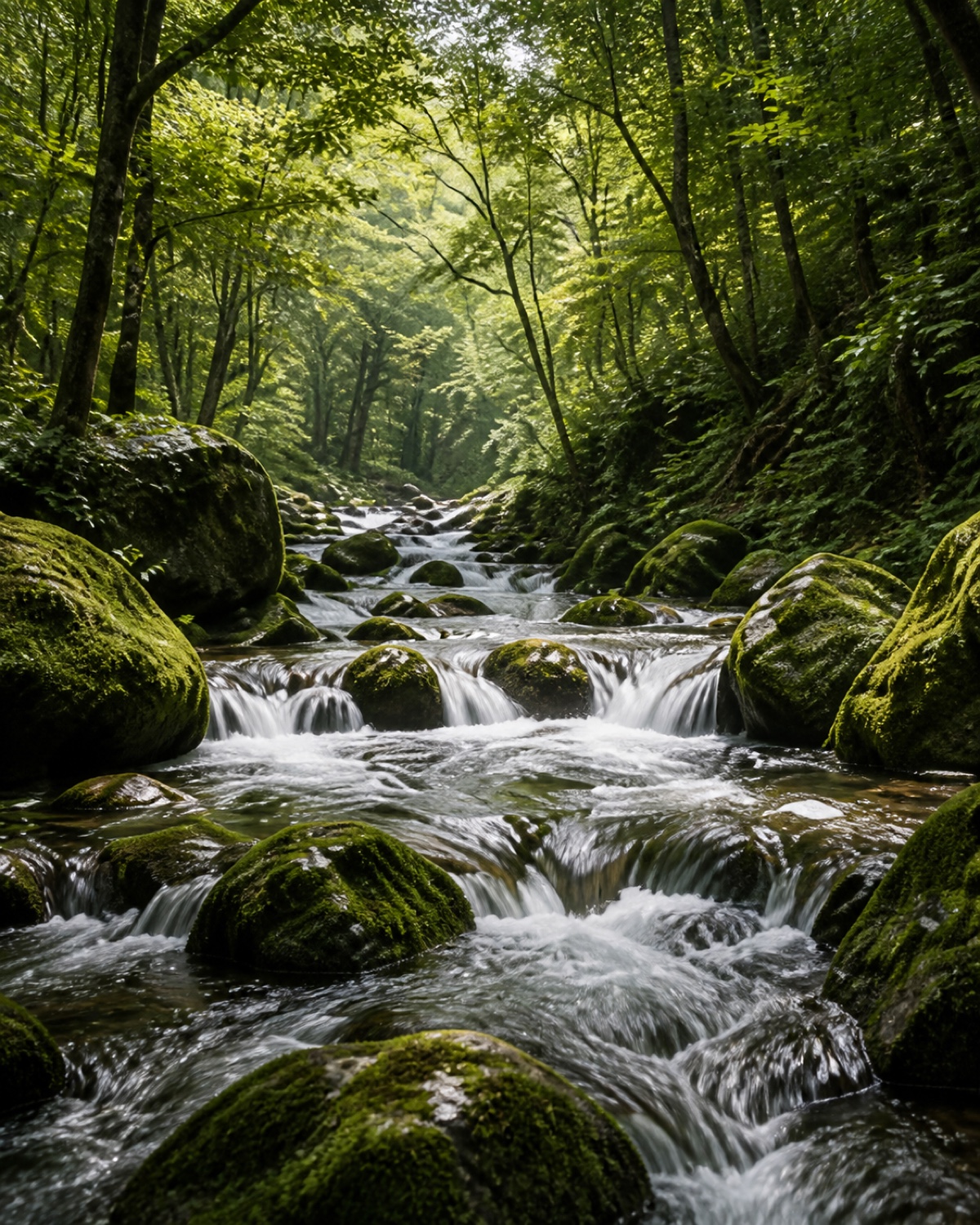 山崎山林间清澈流动的溪水