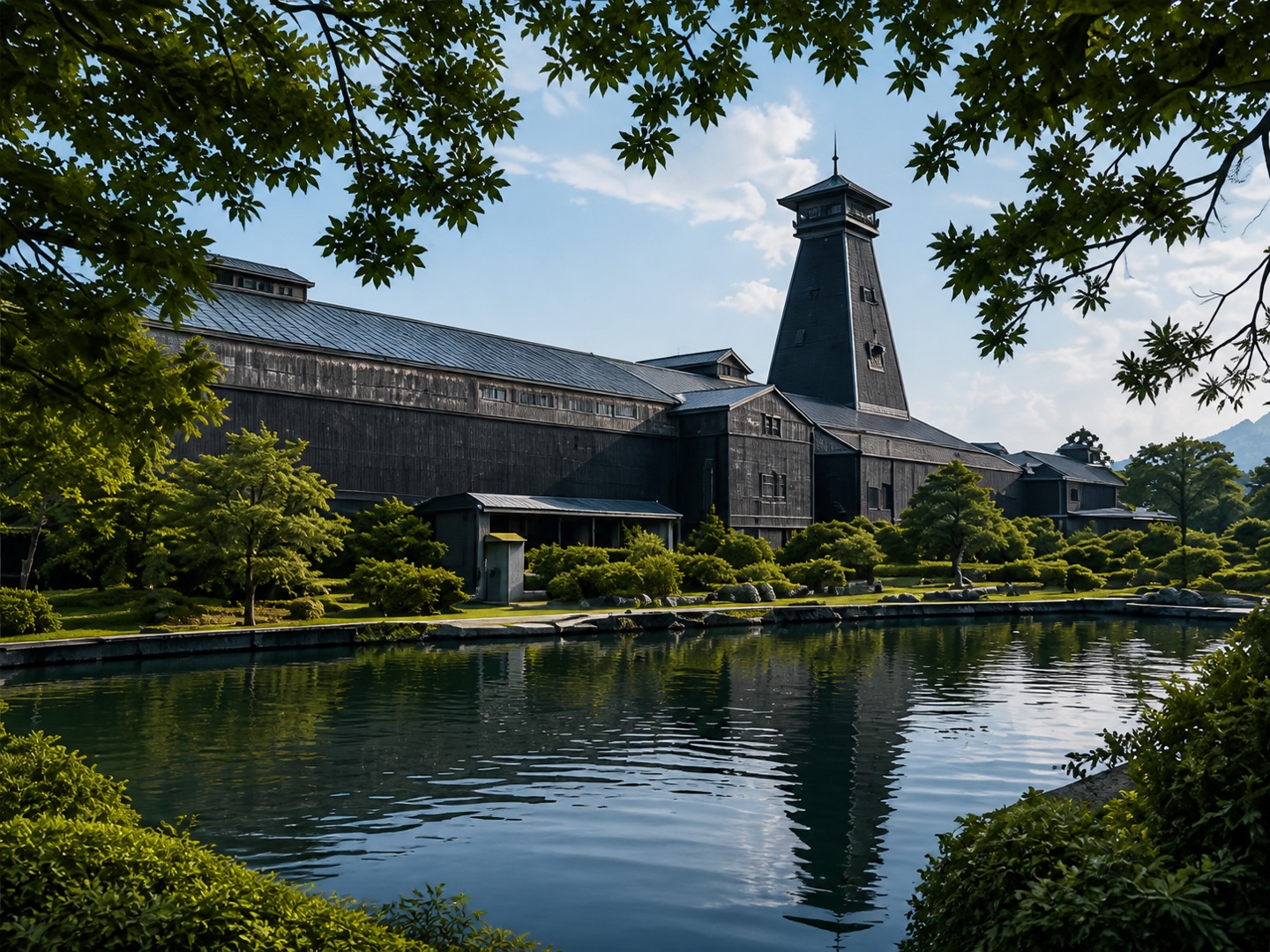 山崎周边雾气与林木环绕的日本酒厂景象